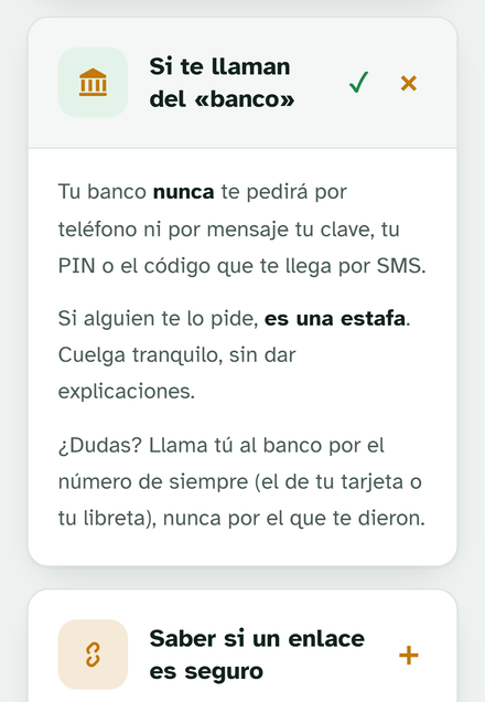 Pantalla de aprender sin miedo: tarjetas breves de consejos, con una abierta sobre qué hacer si llaman del banco.