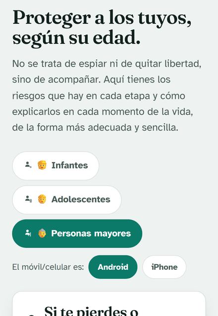 Pantalla del guardián familiar: elección por edades y botones grandes para pedir ayuda.