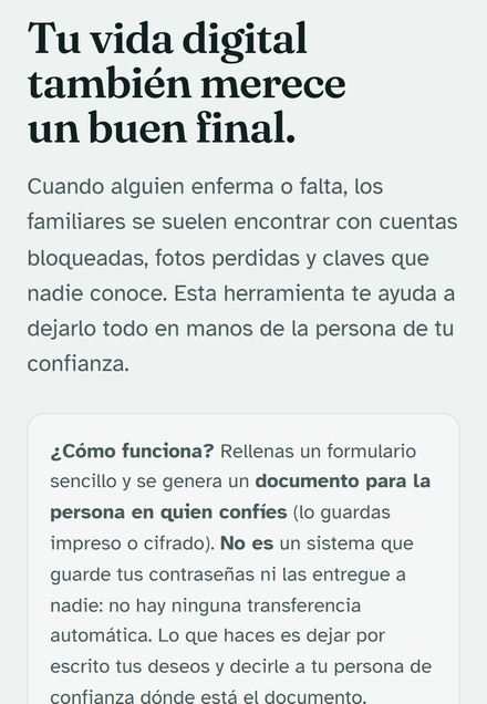 Pantalla de herencia digital: formulario para dejar las cuentas en orden, generado en el propio dispositivo.